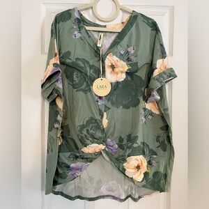 1XL Women’s Floral Button Front Shirt, Cuffed Short Sleeves High Low, Sage Green